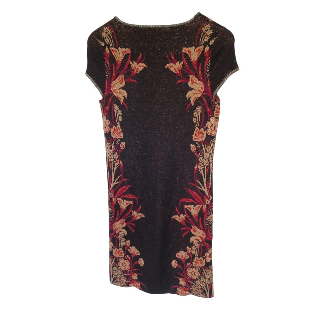 Knitted & Knotted Anthropologie Floral Metallic Sweater Dress Black Red Small